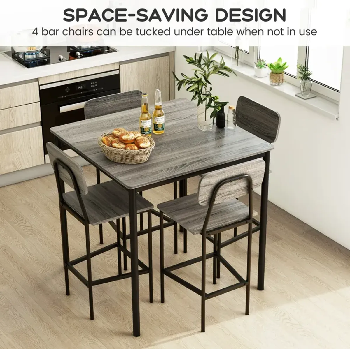 5 Pieces Industrial Dining Table Set with Counter Height Table and 4 Bar Stools