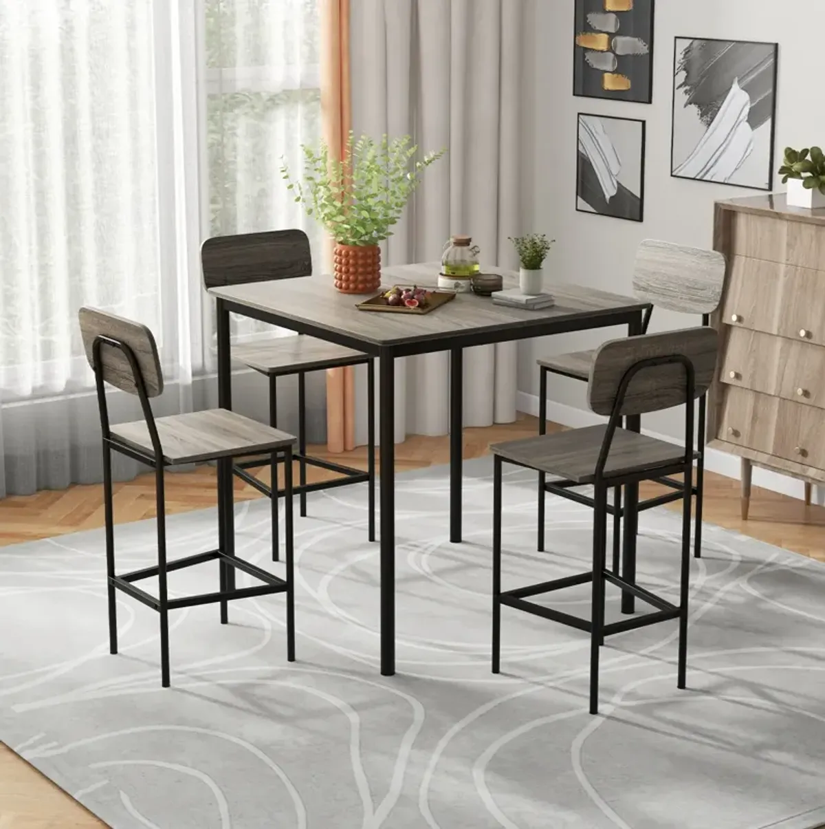 5 Pieces Industrial Dining Table Set with Counter Height Table and 4 Bar Stools