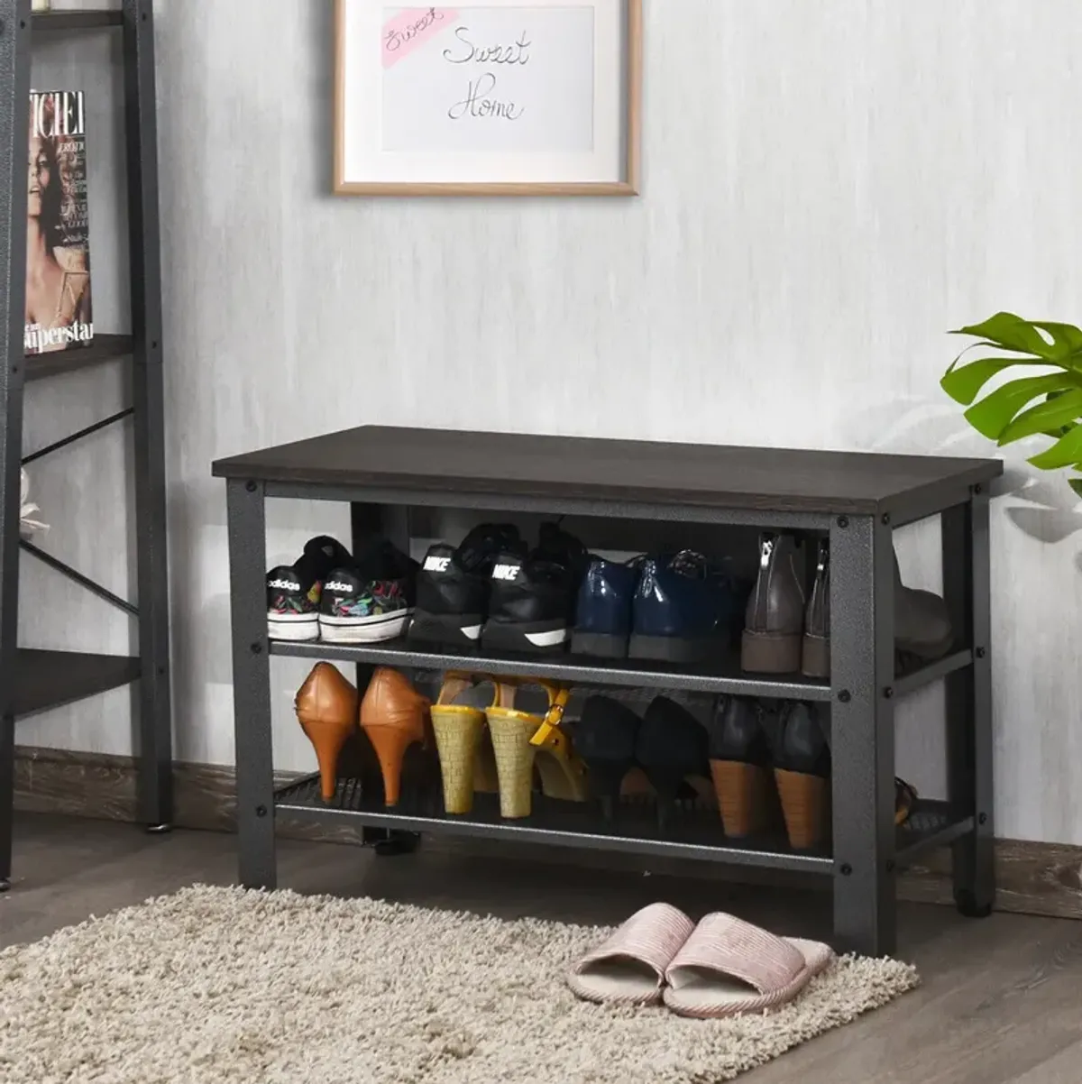 3-Tier Shoe Rack Industrial Shoe Bench with Storage Shelves