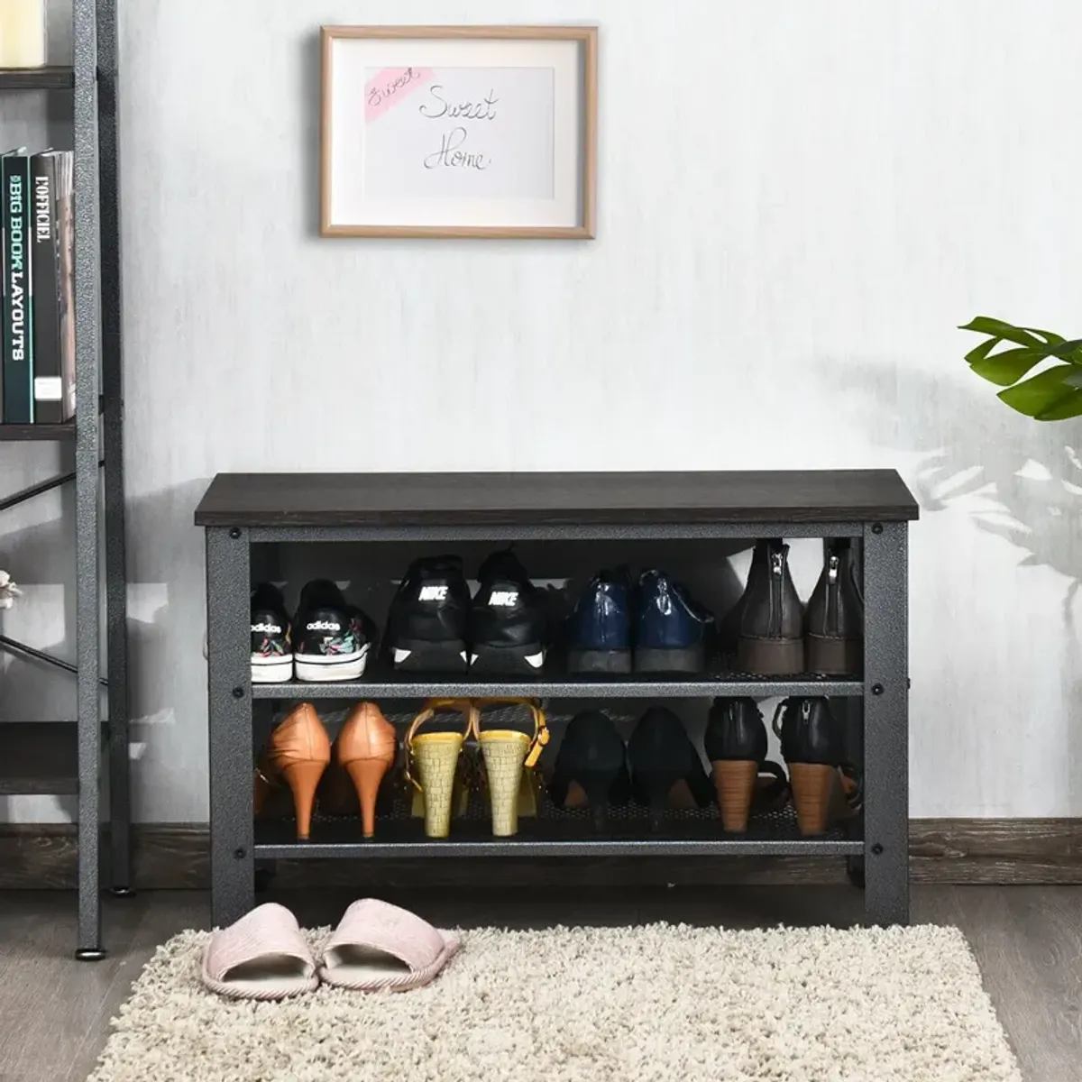 3-Tier Shoe Rack Industrial Shoe Bench with Storage Shelves