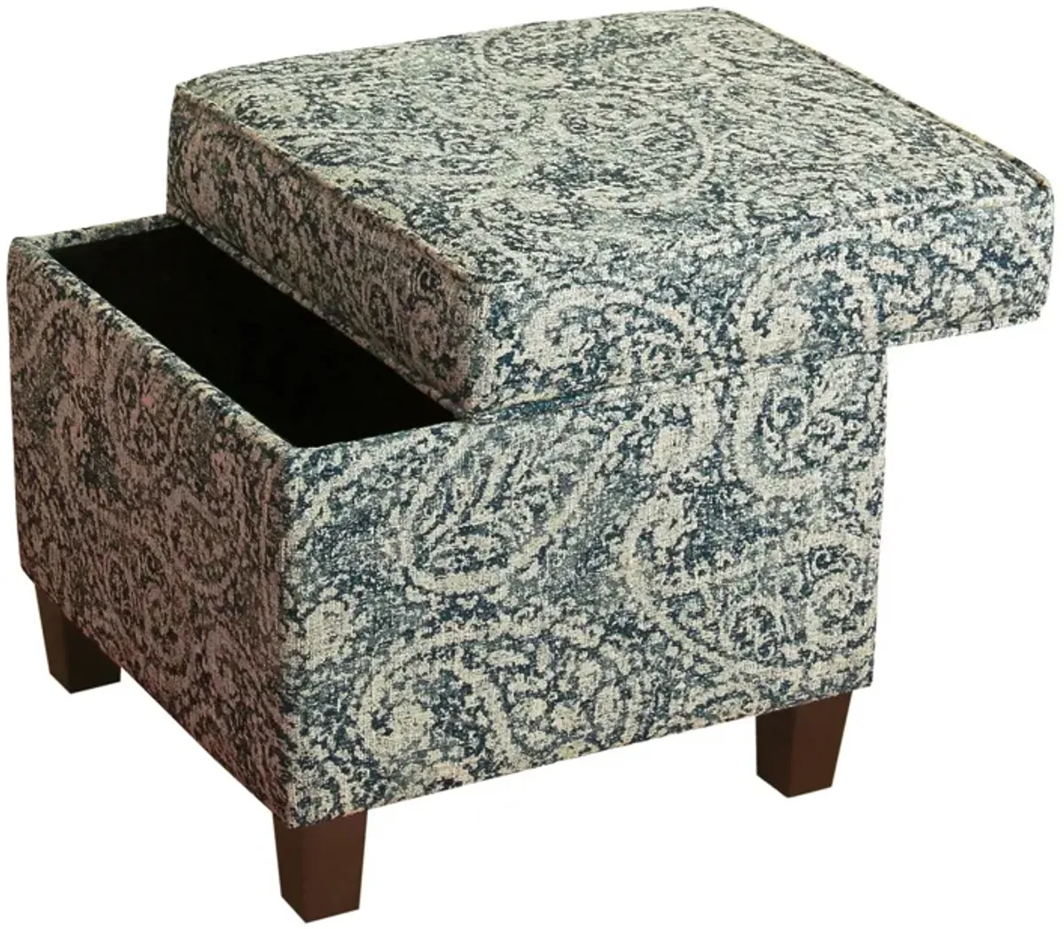 Paisley Pattern Fabric Upholstered Wooden Ottoman with Lift Off Top, Blue and Gray - Benzara