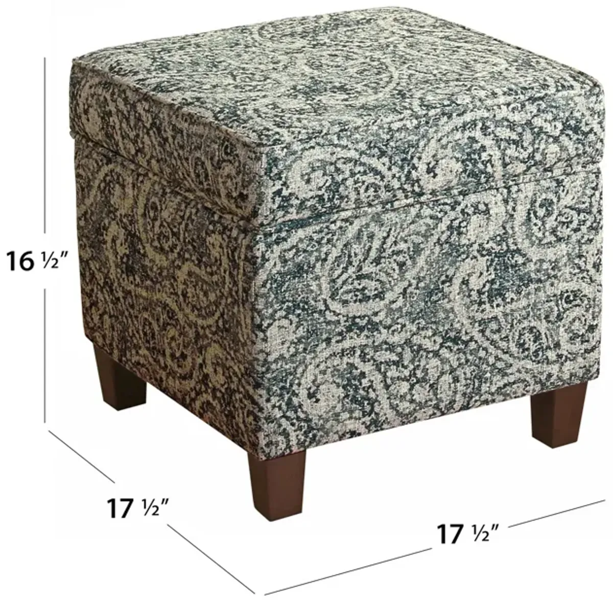 Paisley Pattern Fabric Upholstered Wooden Ottoman with Lift Off Top, Blue and Gray - Benzara