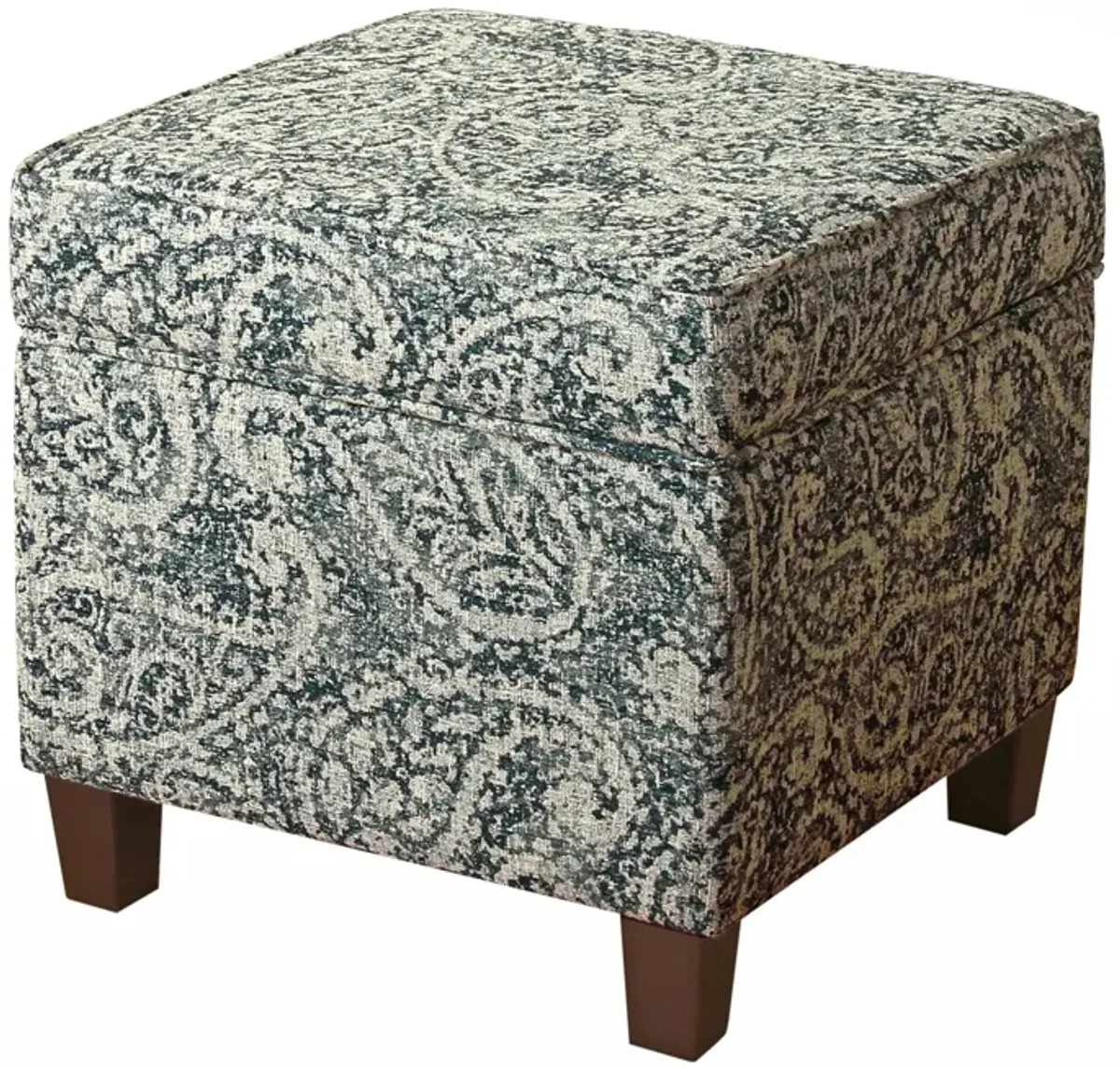 Paisley Pattern Fabric Upholstered Wooden Ottoman with Lift Off Top, Blue and Gray - Benzara