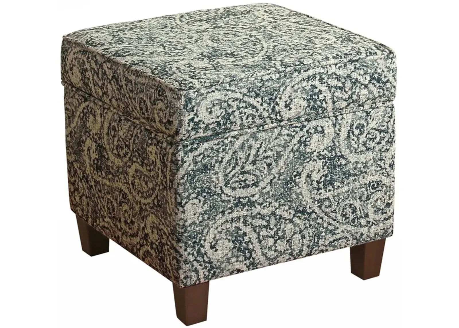 Paisley Pattern Fabric Upholstered Wooden Ottoman with Lift Off Top, Blue and Gray - Benzara