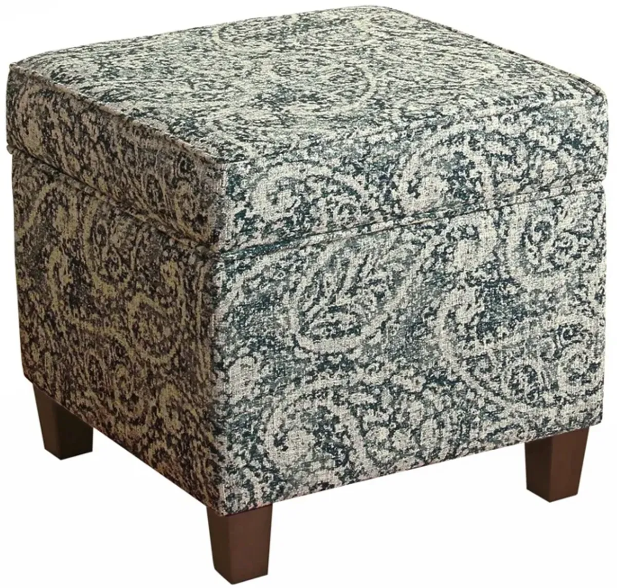 Paisley Pattern Fabric Upholstered Wooden Ottoman with Lift Off Top, Blue and Gray - Benzara