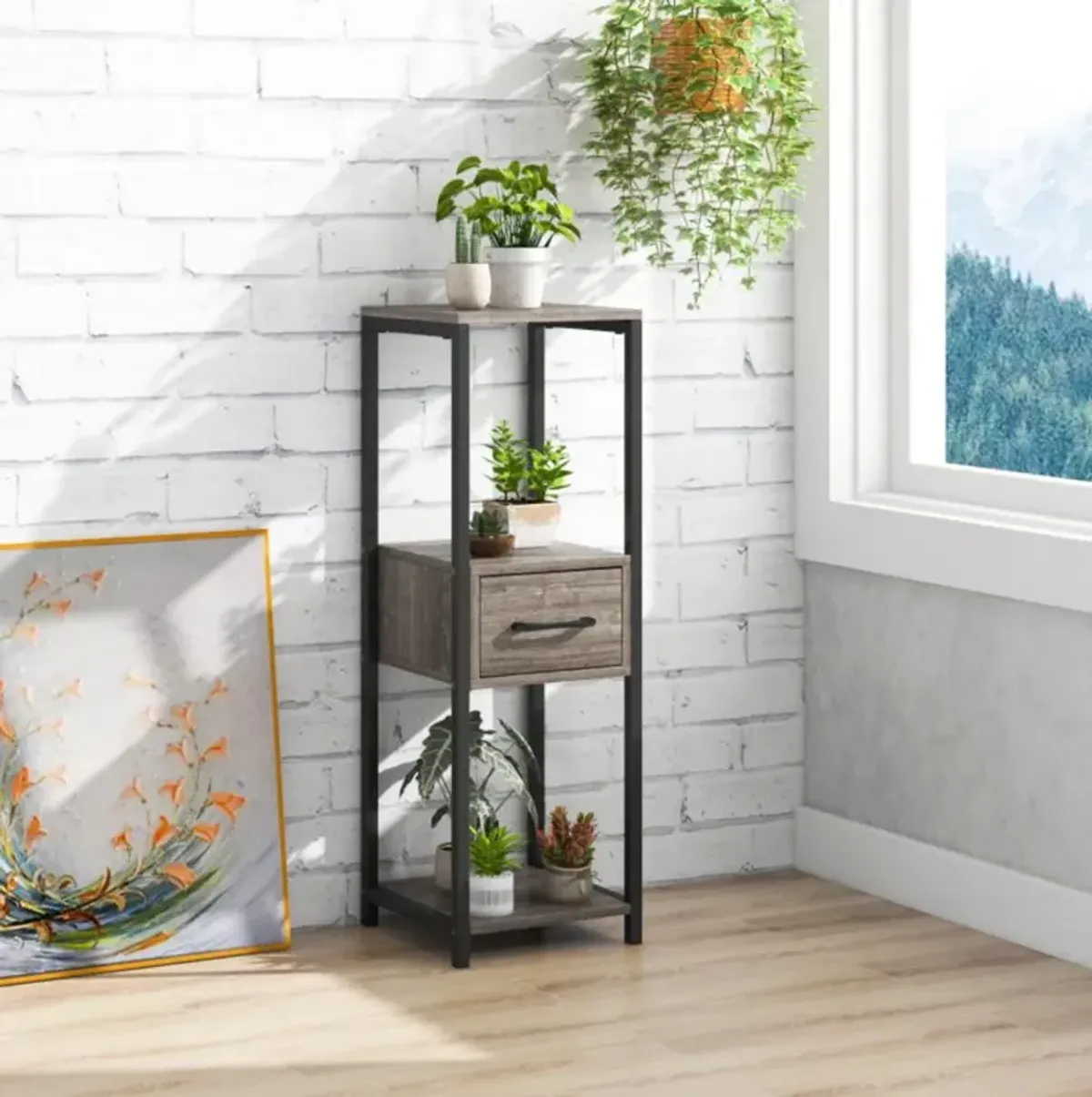 Hivvago 3 Tier Tall Metal Plant Stand with Drawer for Balcony Office