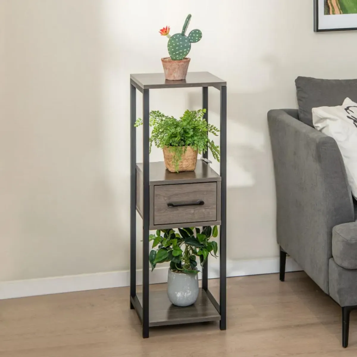 Hivvago 3 Tier Tall Metal Plant Stand with Drawer for Balcony Office