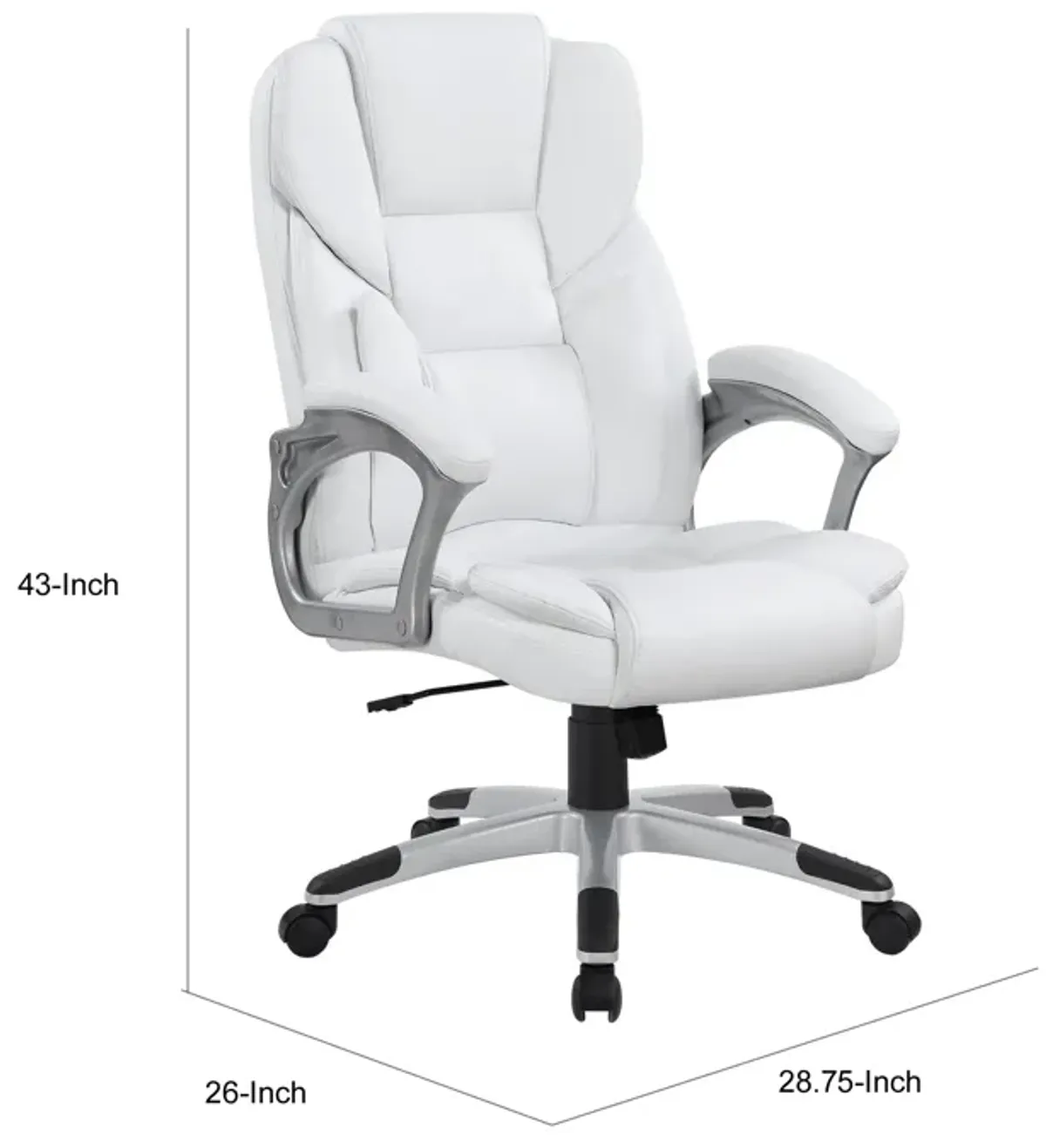 Contemporary Leatherette Executive High Back Chair, White, Silver - Benzara