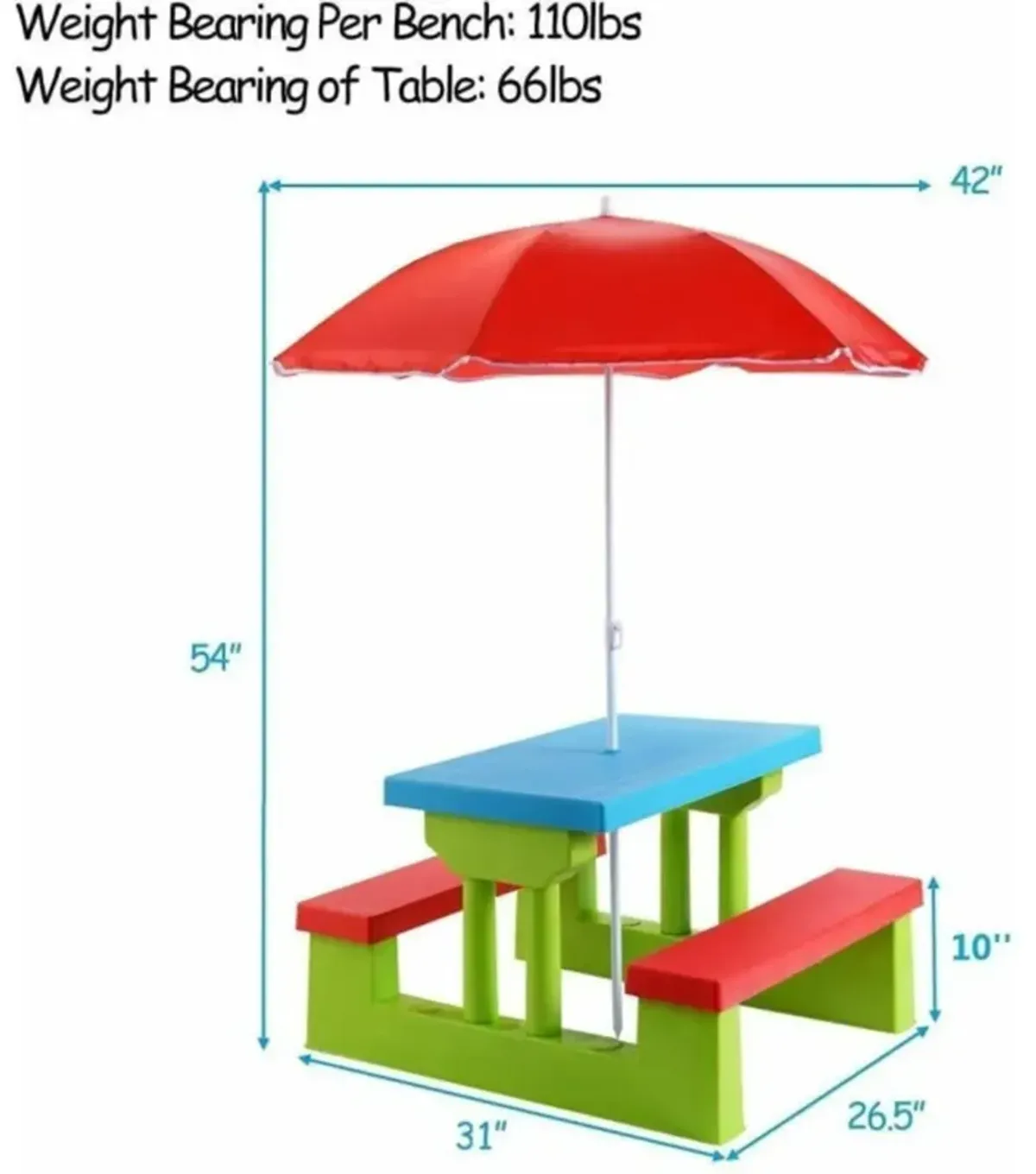 Hivvago Kids Picnic Folding Table and Bench with Umbrella