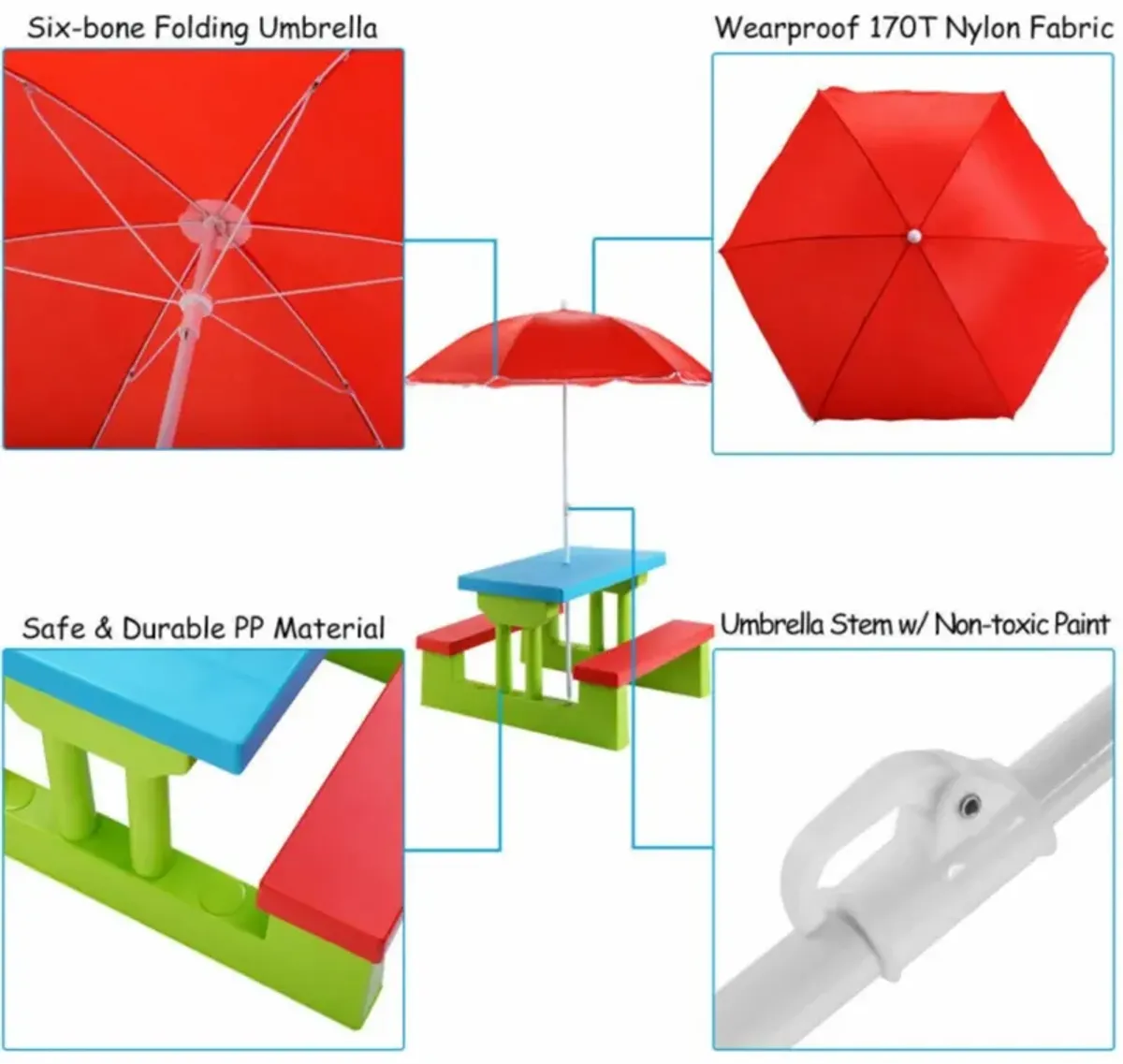 Hivvago Kids Picnic Folding Table and Bench with Umbrella