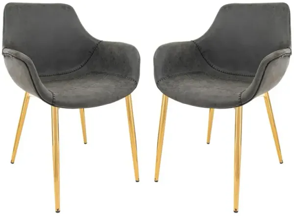 LeisureMod Markley Modern Leather Dining Arm Chair With Gold Metal Legs Set of 2