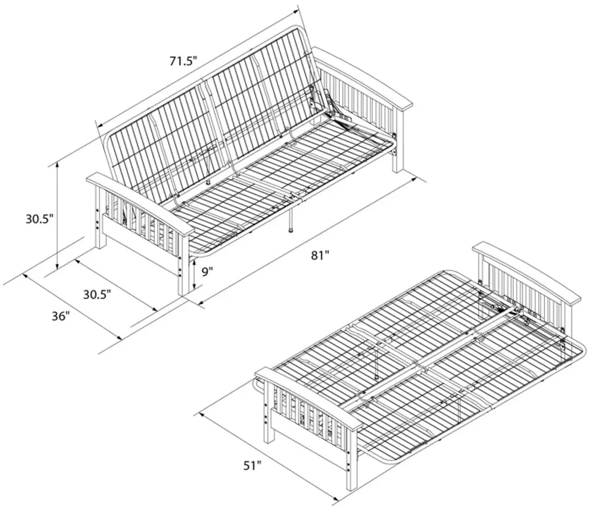 Elbi Full Size Wood Arm and Black Metal Futon Frame