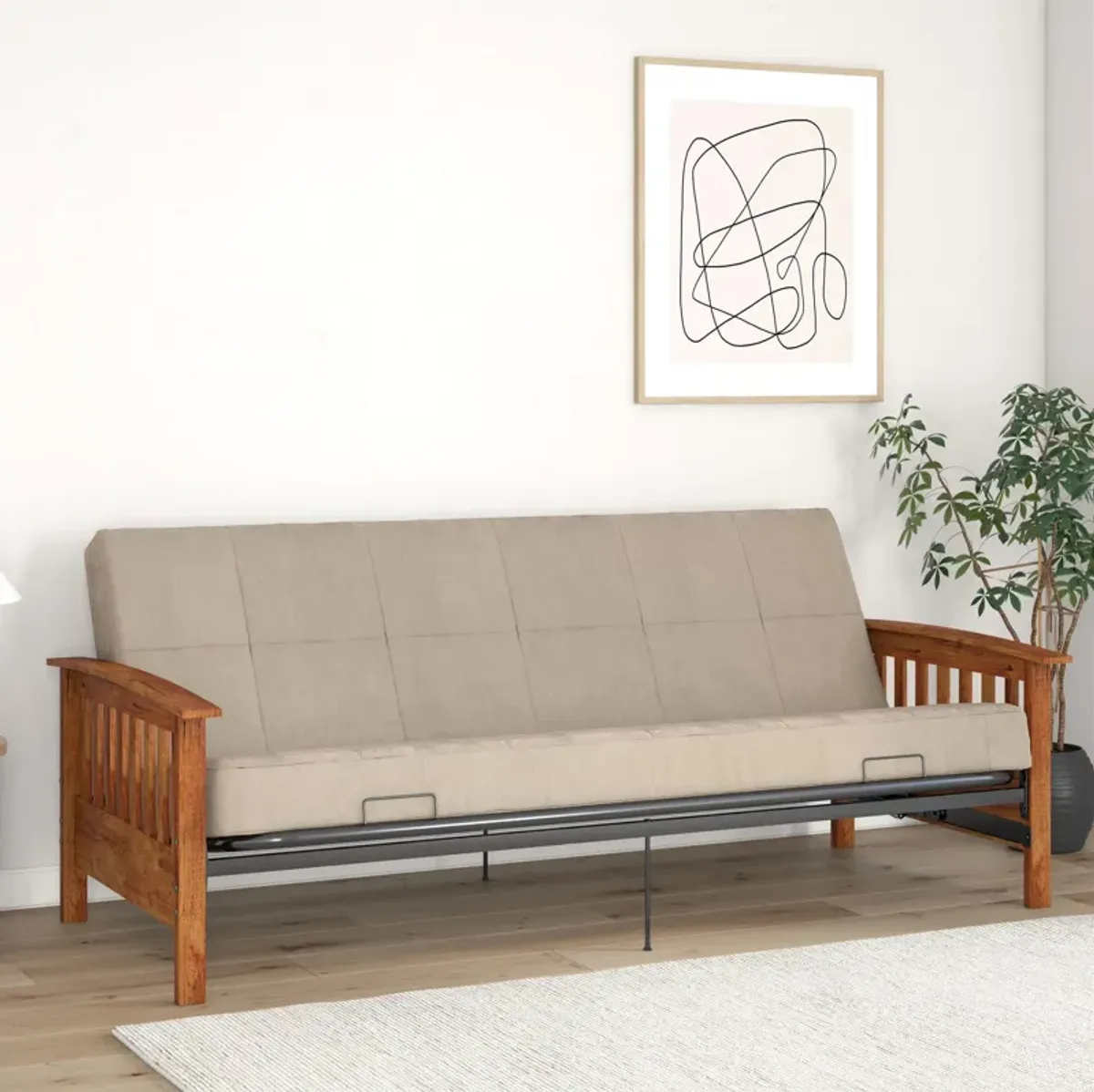 Elbi Full Size Wood Arm and Black Metal Futon Frame