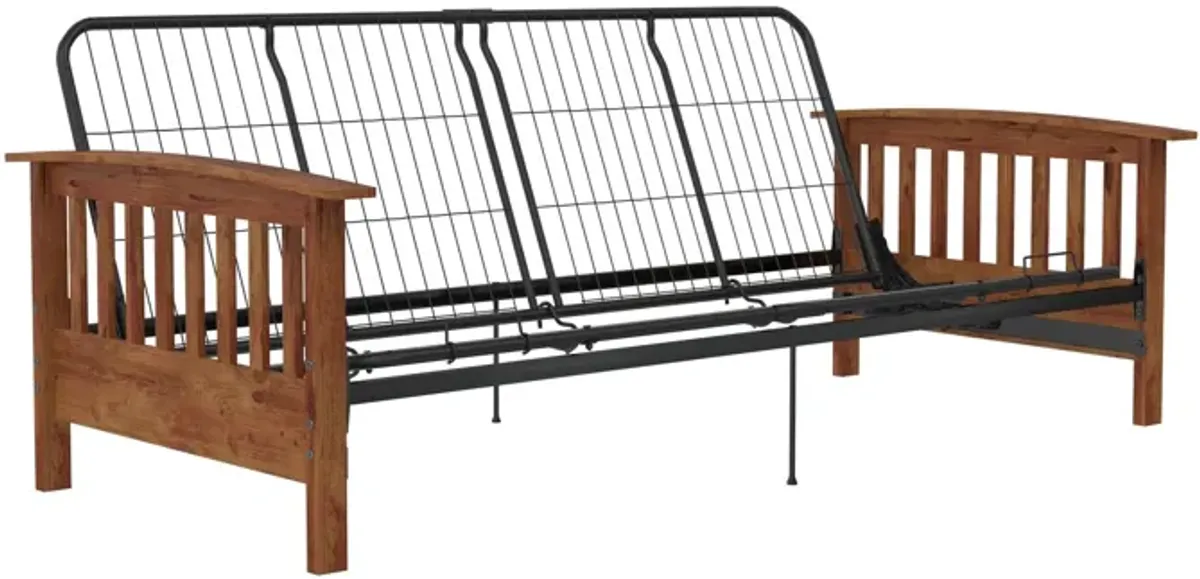 Elbi Full Size Wood Arm and Black Metal Futon Frame