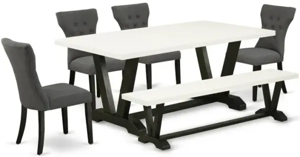 East West Furniture 6-Piece Dinette Table Set-Dark Gotham Grey Linen Fabric Seat and Button Tufted Chair Back Parson chairs, A Rectangular Bench and Rectangular Top Modern Dining Table with Wooden Leg