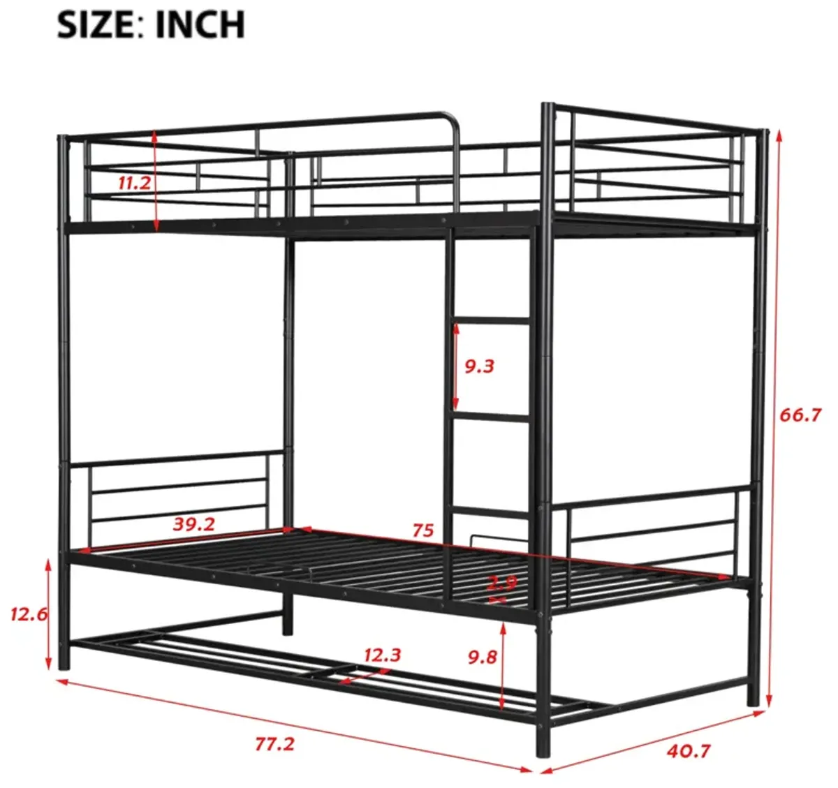 Twin Over Twin Metal Bunk Bed With Shelf And Guardrails