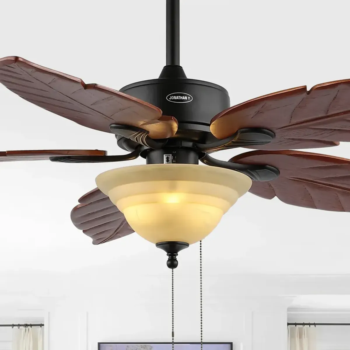 Poinciana 3-Light Coastal Bohemian Iron/Wood Palm Leaf LED Ceiling Fan with Pull Chain