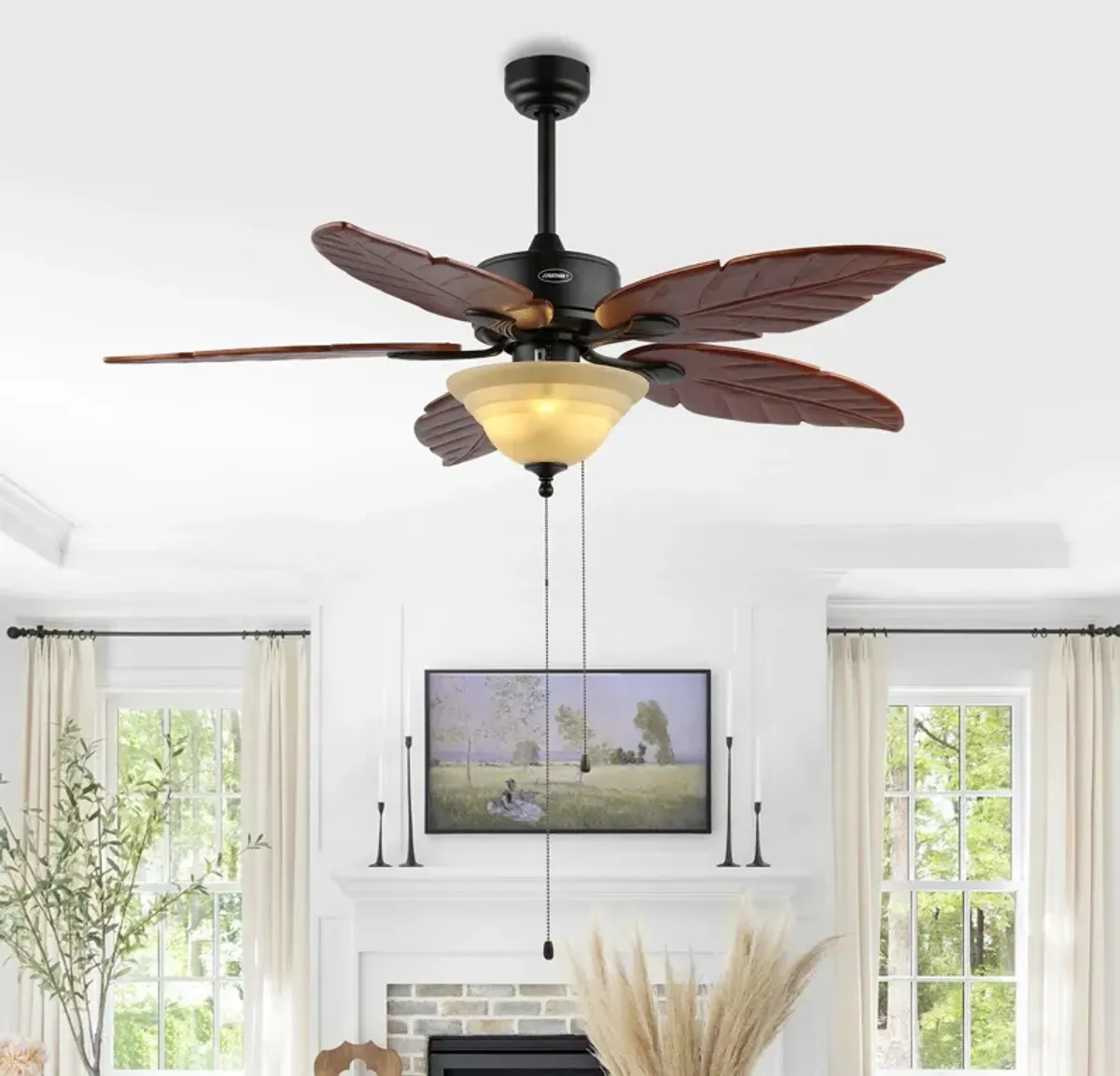 Poinciana 3-Light Coastal Bohemian Iron/Wood Palm Leaf LED Ceiling Fan with Pull Chain