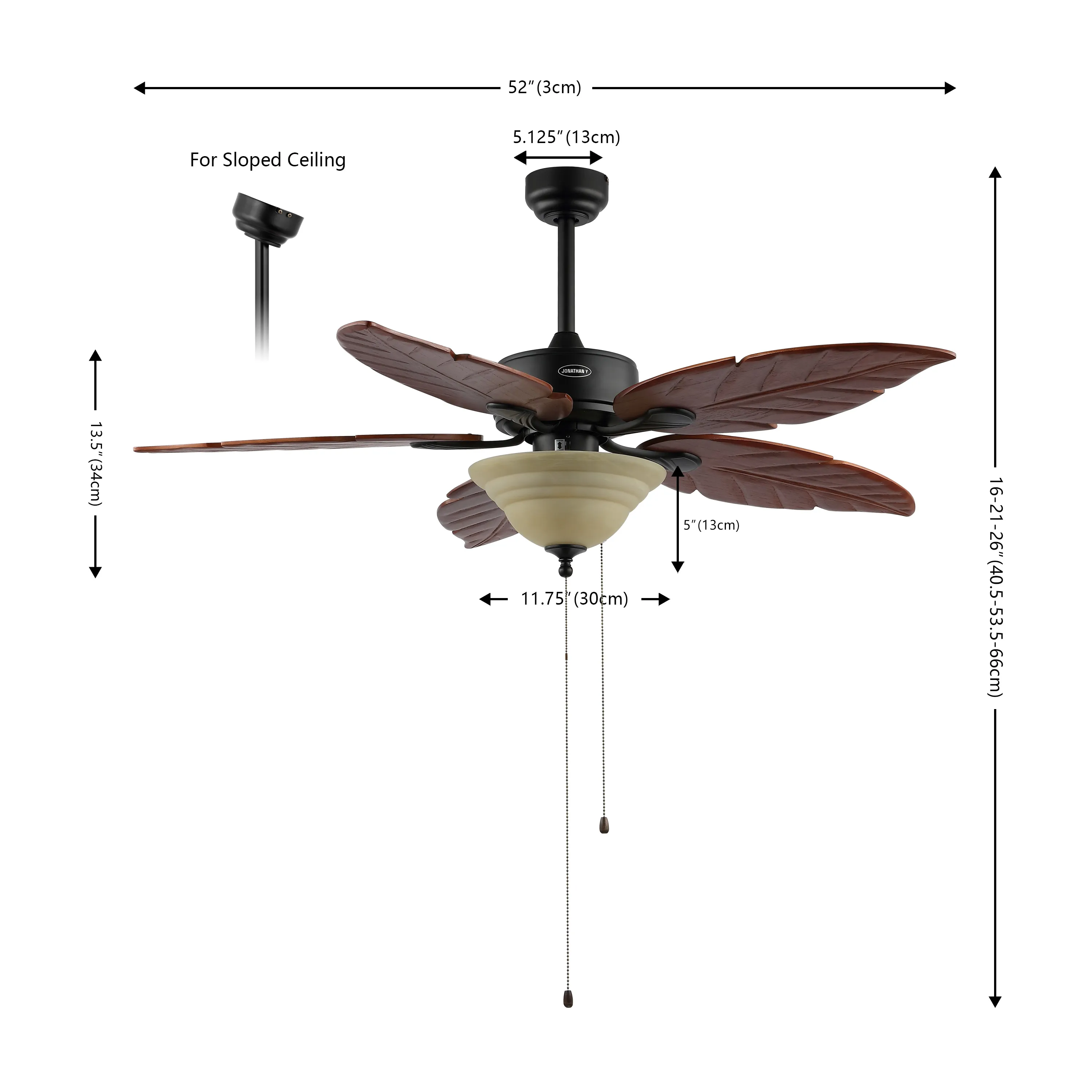 Poinciana 52" 3-Light Coastal Bohemian Iron/Wood Palm Leaf LED Ceiling Fan with Pull Chain, Dark Brown