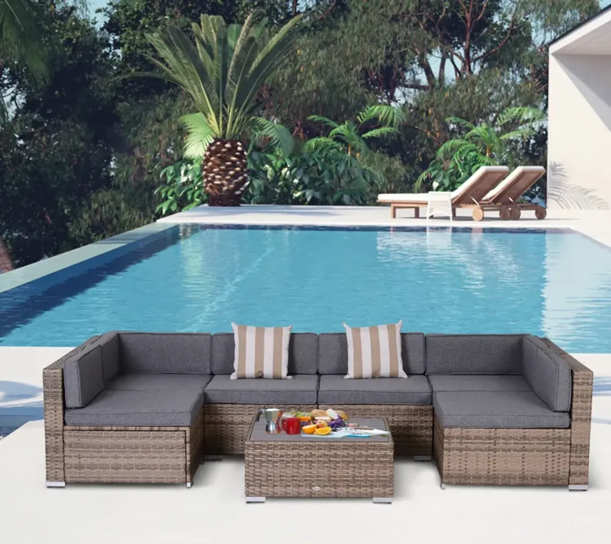 Outsunny 7-Piece Patio Furniture Set, Outdoor Wicker Conversation Set, All Weather PE Rattan Sectional Sofa Set with Cushions and Faux Wood Table, Stripe Pillows, Gray