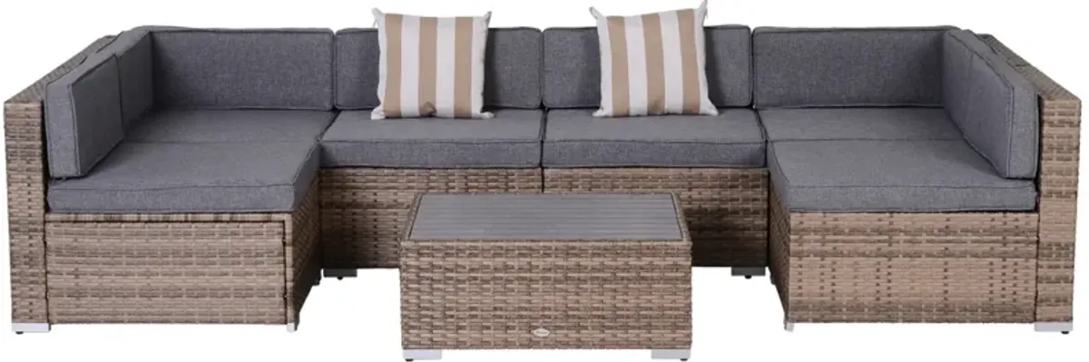 Outsunny 7-Piece Patio Furniture Set, Outdoor Wicker Conversation Set, All Weather PE Rattan Sectional Sofa Set with Cushions and Faux Wood Table, Stripe Pillows, Gray