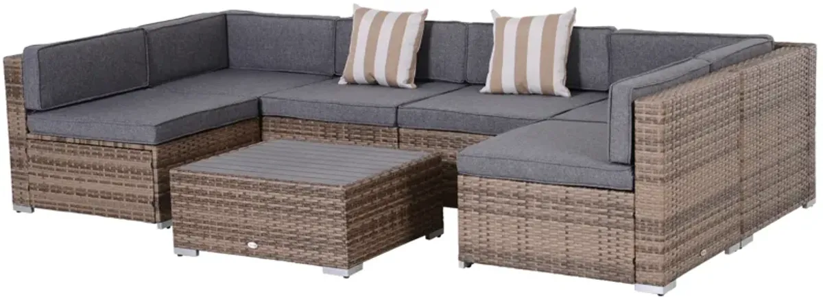 Outsunny 7-Piece Patio Furniture Set, Outdoor Wicker Conversation Set, All Weather PE Rattan Sectional Sofa Set with Cushions and Faux Wood Table, Stripe Pillows, Gray