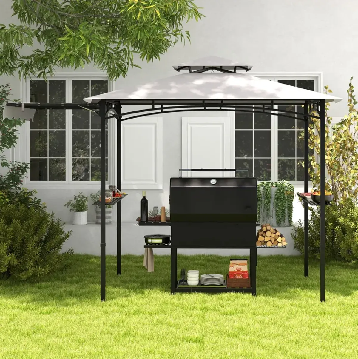 Grill Gazebo with Side Awning and Double-Tiered Top-Grey