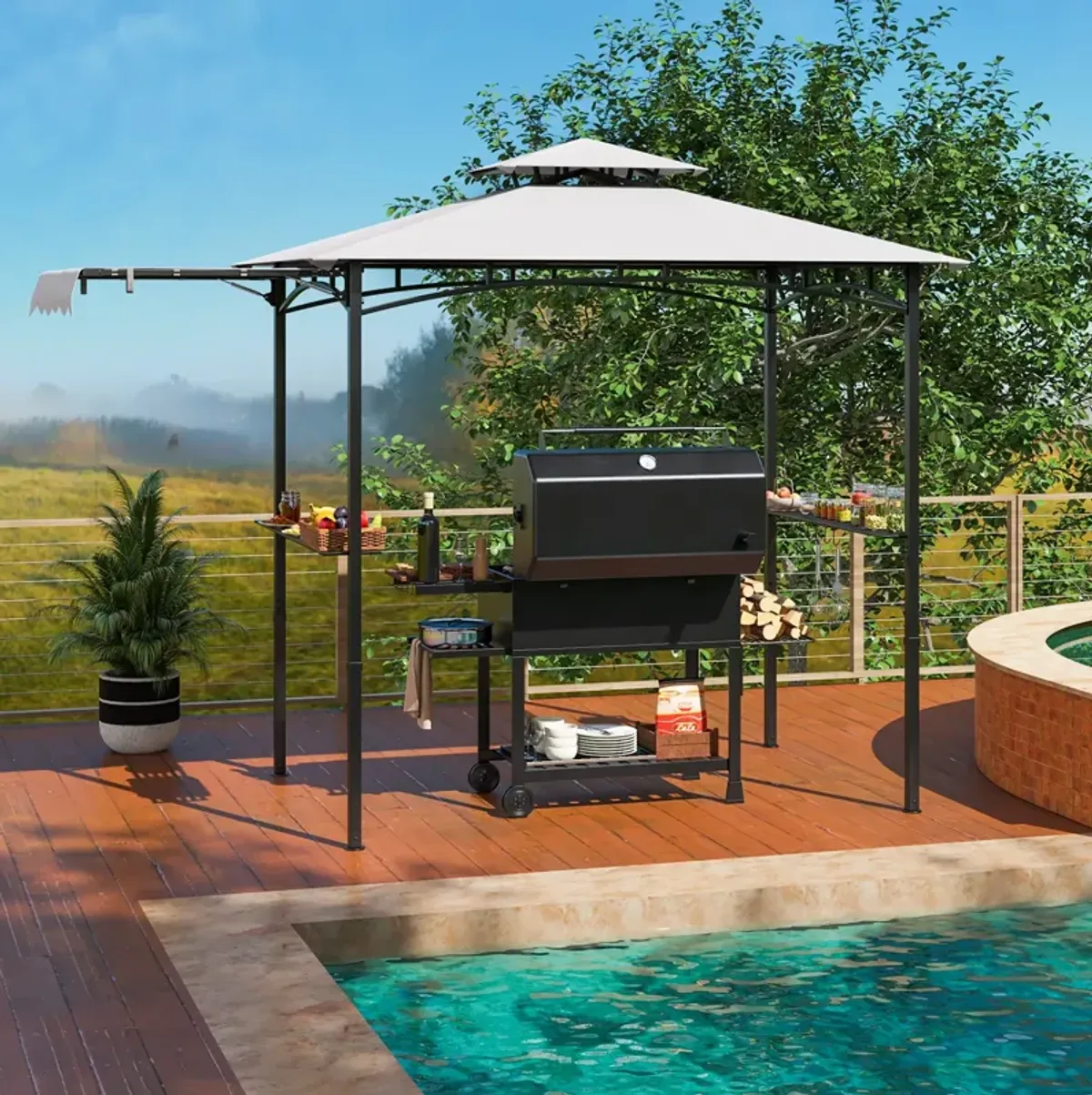 Grill Gazebo with Side Awning and Double-Tiered Top-Grey