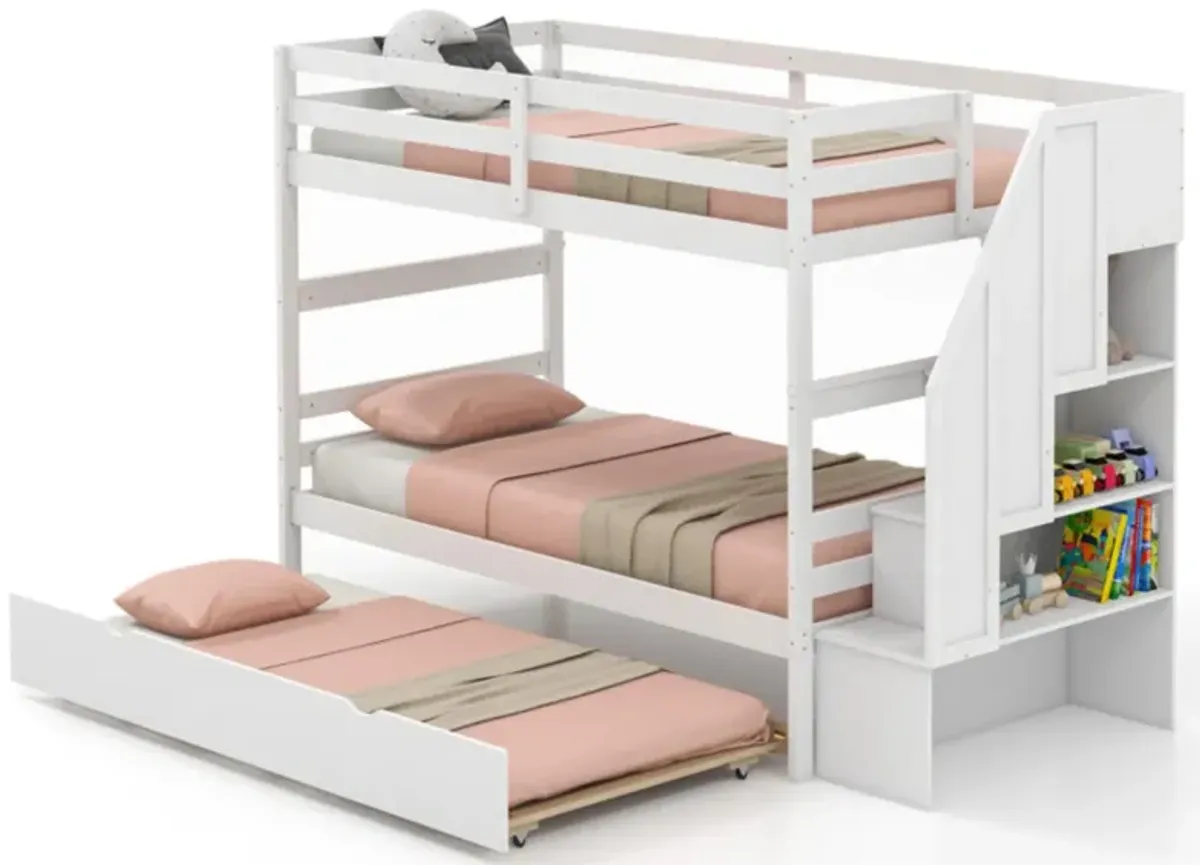 Hivvago Home Wood Bunk Bed with Guard Rail and 4-step Storage Stairs No Box Spring Needed