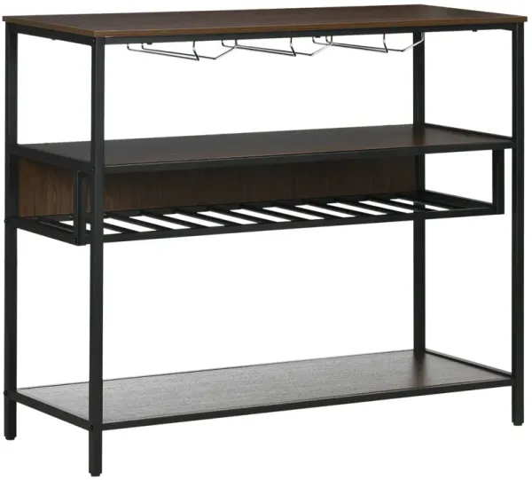 Dark Brown Wine Storage: Industrial 11-Bottle Rack with Glass Shelf