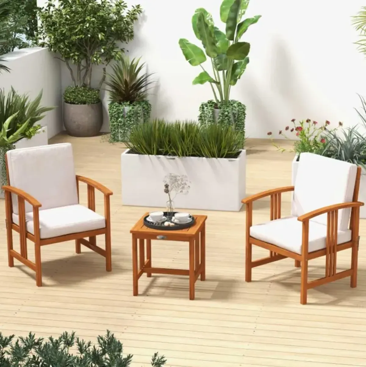 Hivvago 3 Pieces Solid Wood Outdoor Patio Sofa Furniture Set