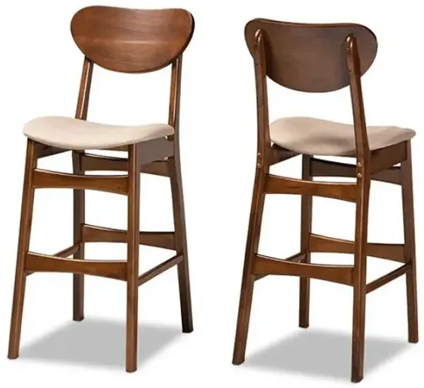 Sand Fabric Upholstered and Walnut Brown Finished Wood 2-Piece Bar Stool Set
