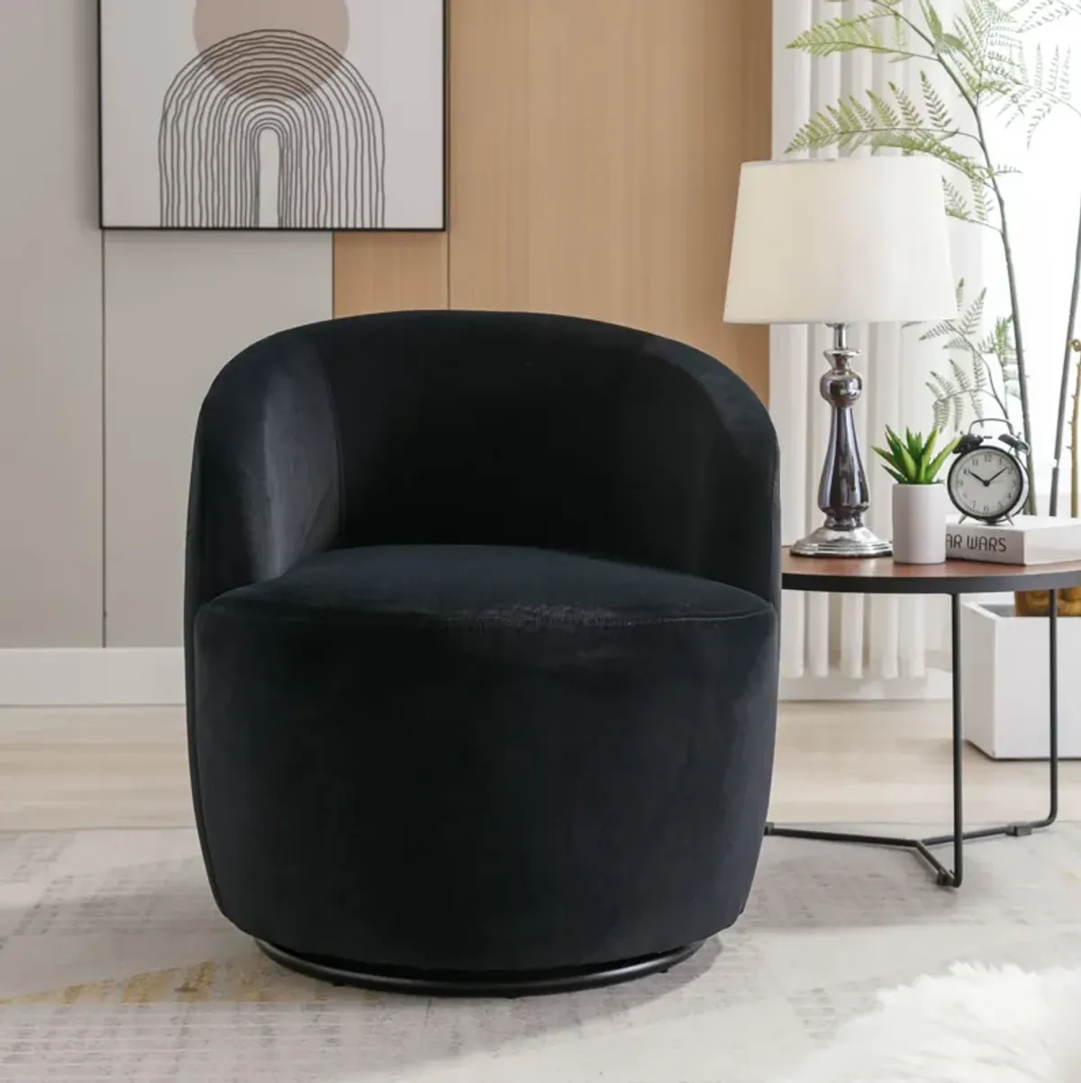 Hivvago Velvet Fabric Swivel Accent Armchair Plain Barrel Chair With Metal Ring