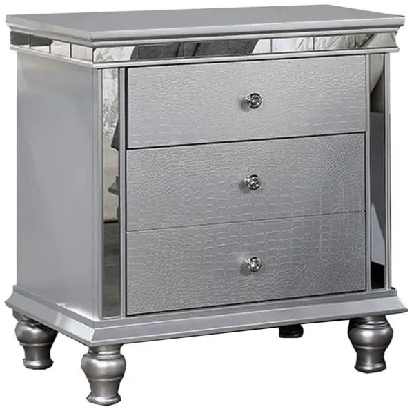 Carlos 28 Inch Nightstand, Crocodile Texture, 3 Drawers, Mirrored, Silver - Benzara