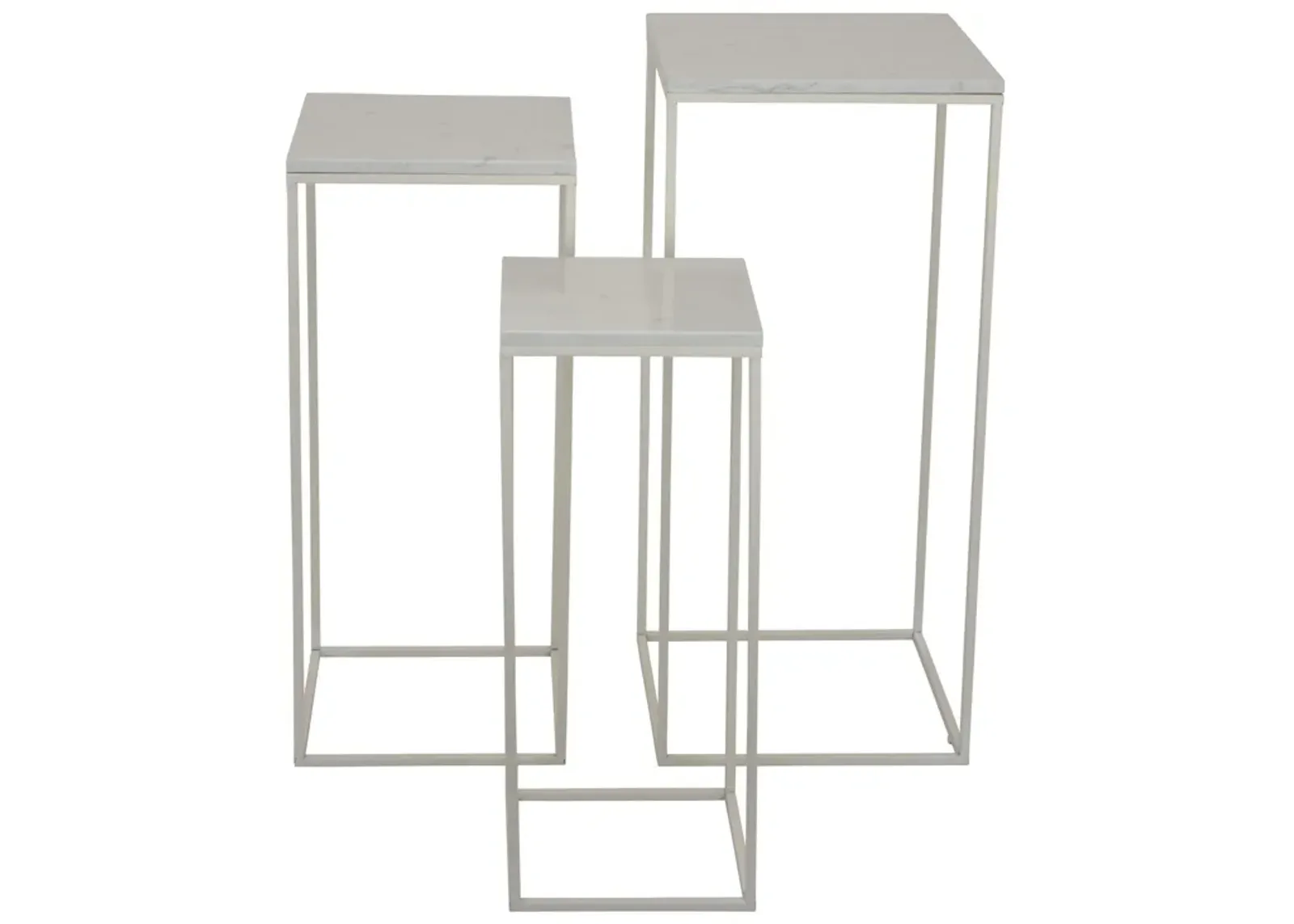 Plant Stand Table Set of 3, White Marble, Metal Frames, Square Tops - Benzara