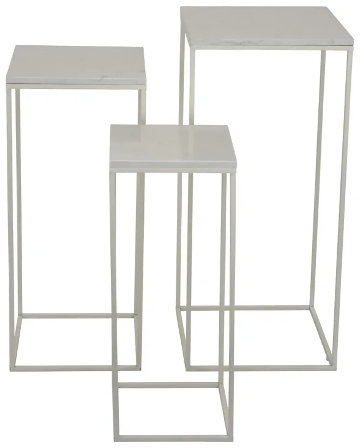 Plant Stand Table Set of 3, White Marble, Metal Frames, Square Tops - Benzara