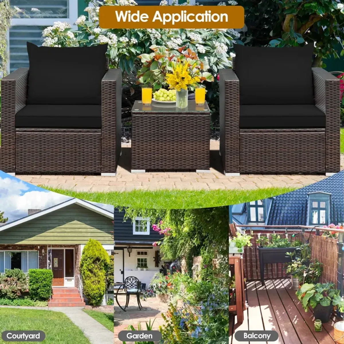 3 Pieces Patio Conversation Rattan Furniture Set with Cushion