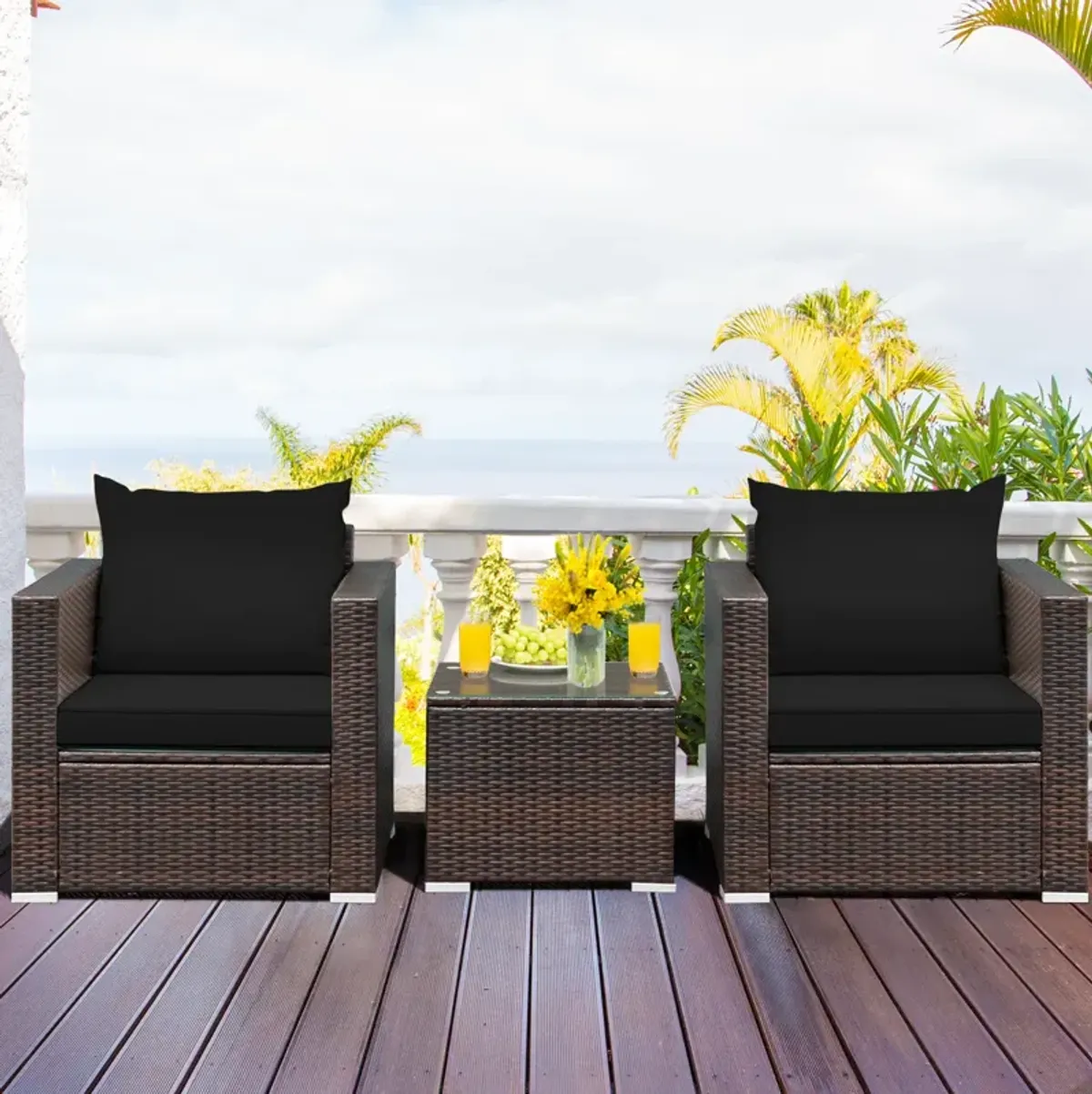 3 Pieces Patio Conversation Rattan Furniture Set with Cushion