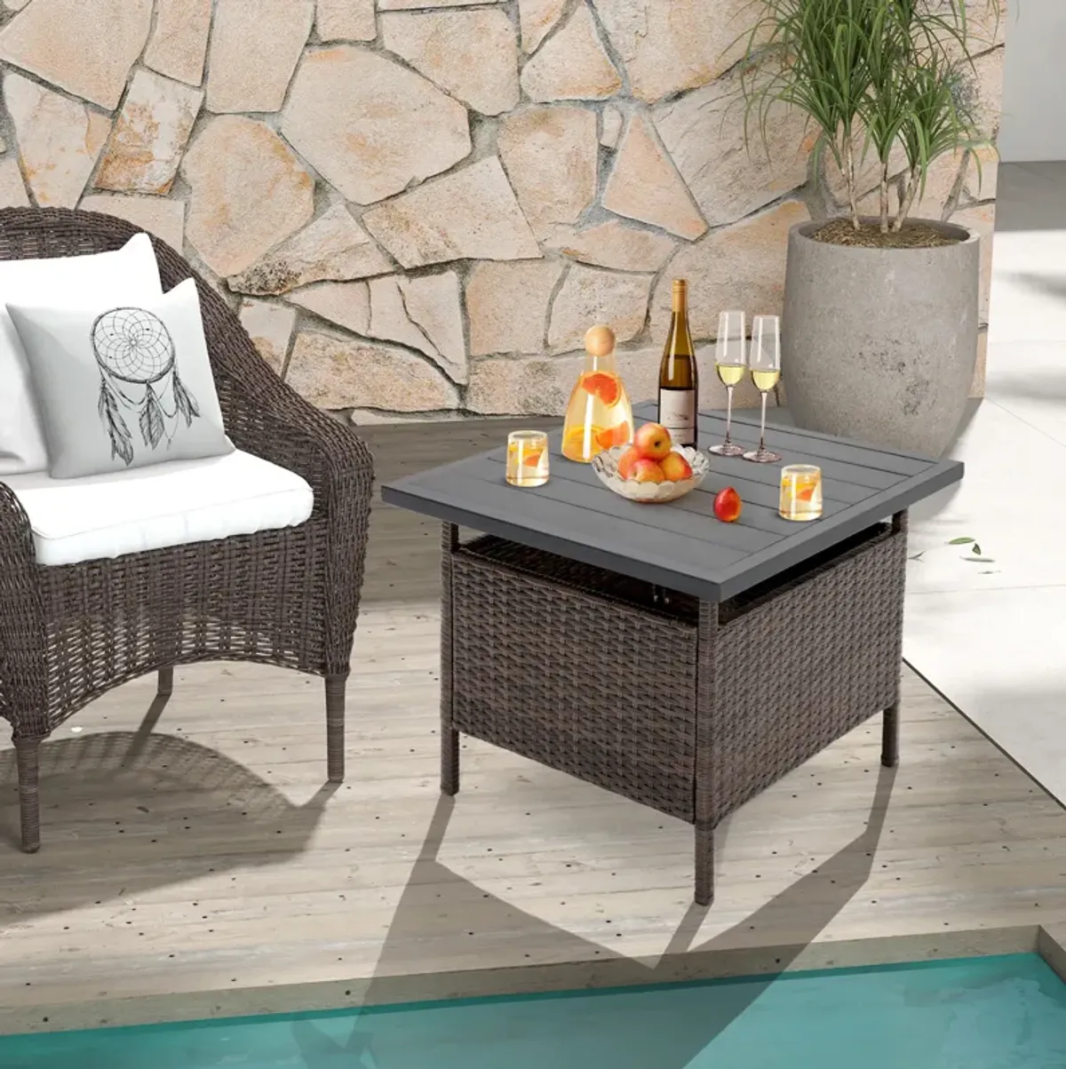 Patio Square Wicker Side Table with Umbrella Hole for Yard Garden Poolside