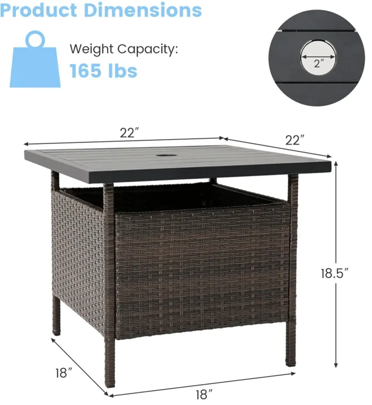 Patio Square Wicker Side Table with Umbrella Hole for Yard Garden Poolside