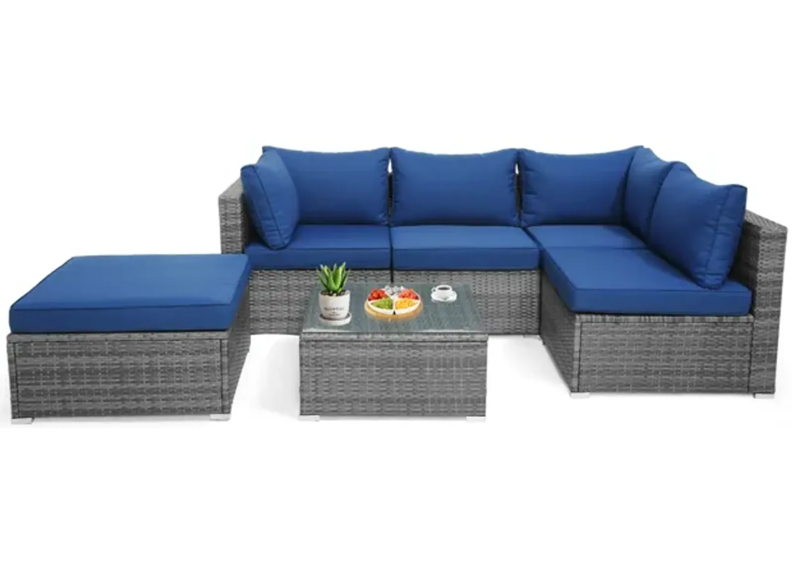 6 Pieces Outdoor Rattan Sofa Set with Seat and Back Cushions-Navy