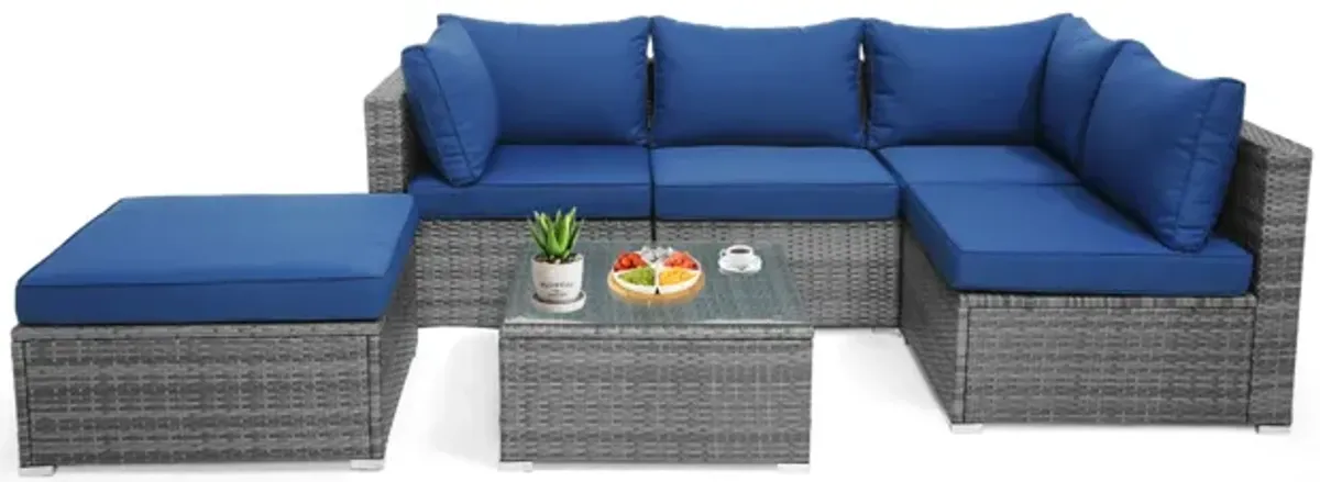 6 Pieces Outdoor Rattan Sofa Set with Seat and Back Cushions-Navy