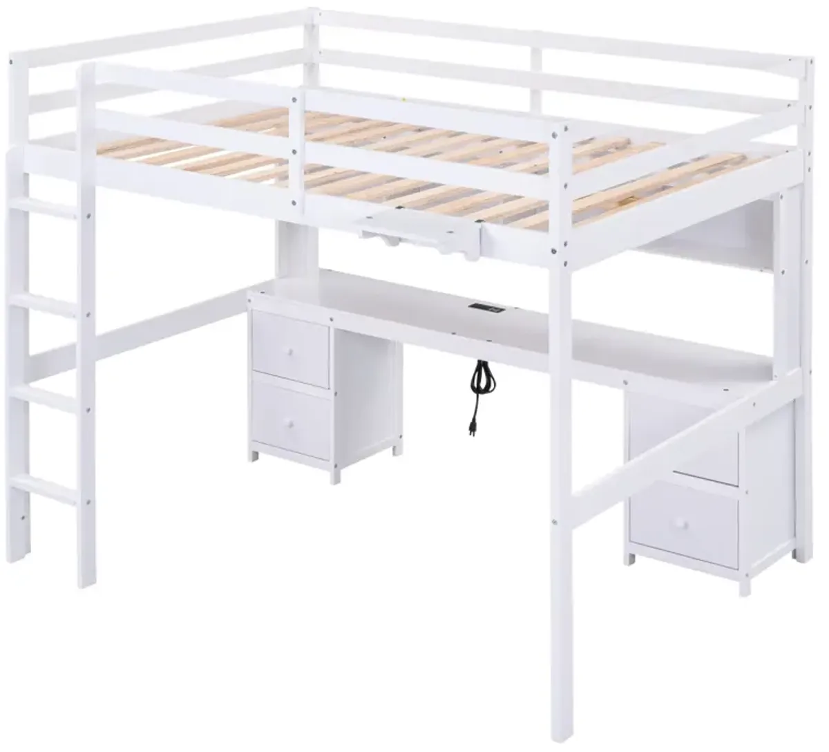 Full Size Loft Bed With Desk, Cabinets, Drawers And Bedside Tray, Charging Station