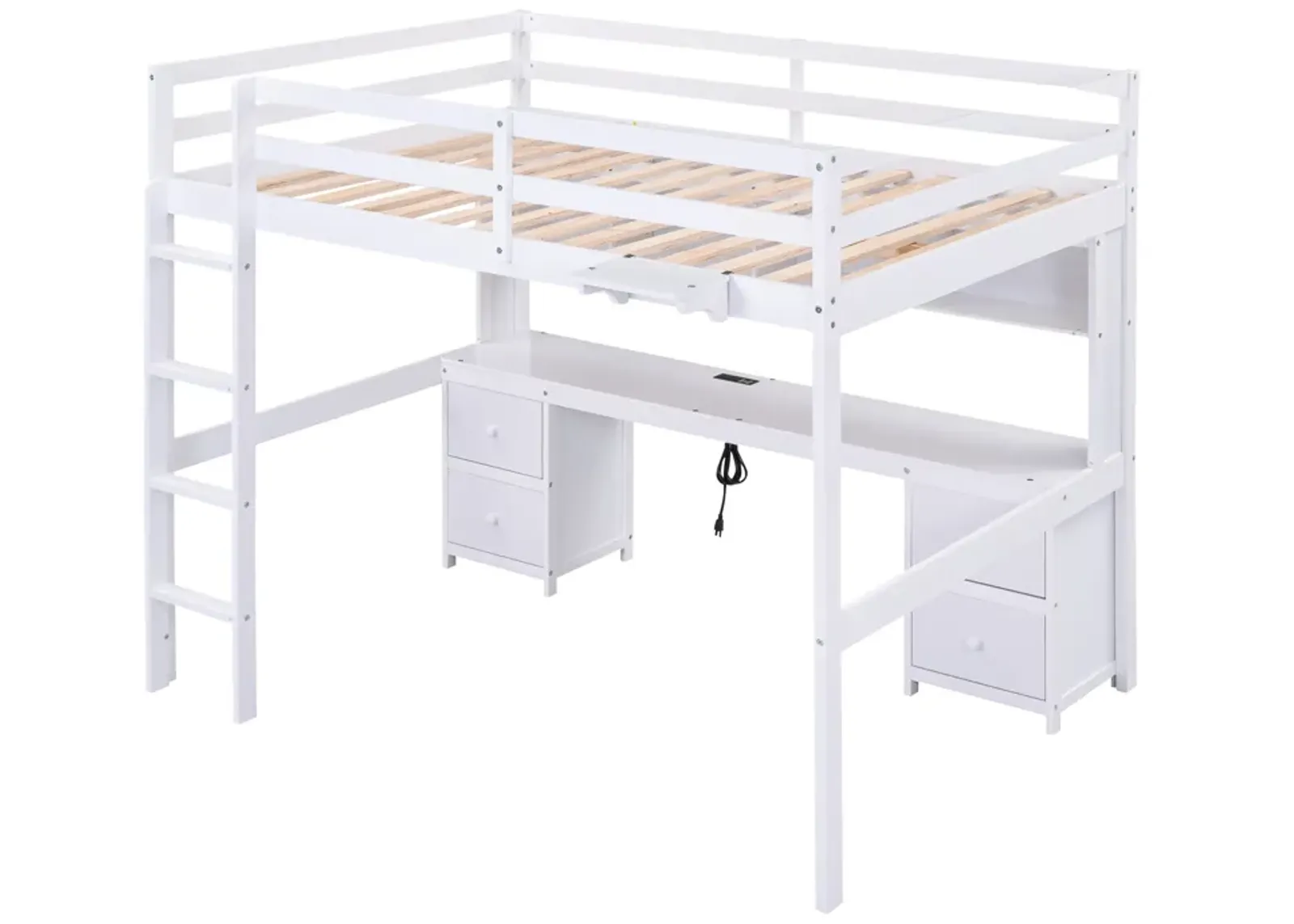 Full Size Loft Bed With Desk, Cabinets, Drawers And Bedside Tray, Charging Station