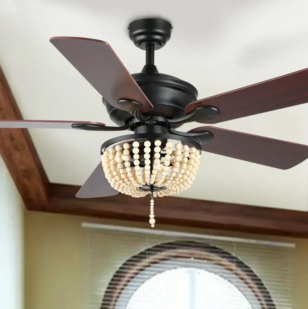 Erin Rustic Farmhouse Iron/Wood Bead Mobile Appremote Controlled LED Ceiling Fan