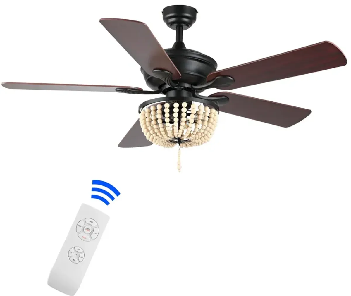 Erin Rustic Farmhouse Iron/Wood Bead Mobile Appremote Controlled LED Ceiling Fan