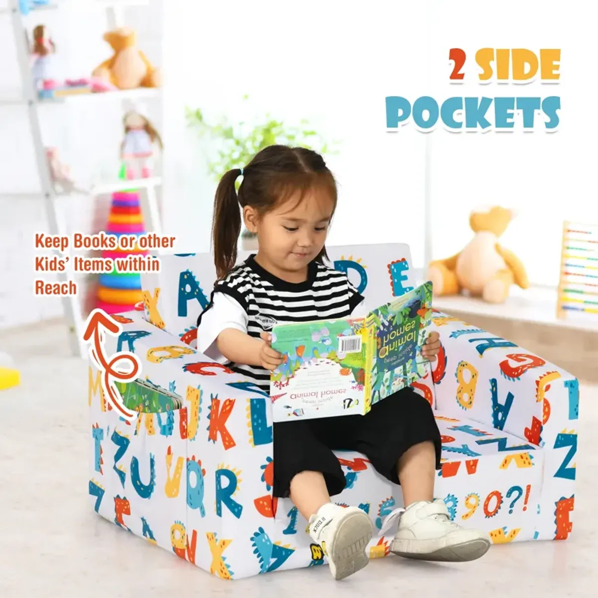 2-in-1 Convertible Kids Sofa with Velvet Fabric - Alphabet