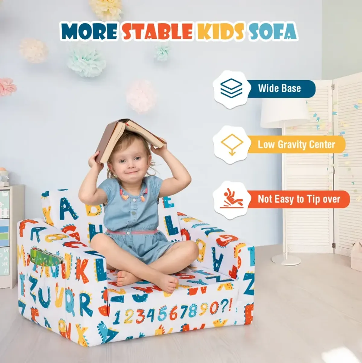 2-in-1 Convertible Kids Sofa with Velvet Fabric - Alphabet