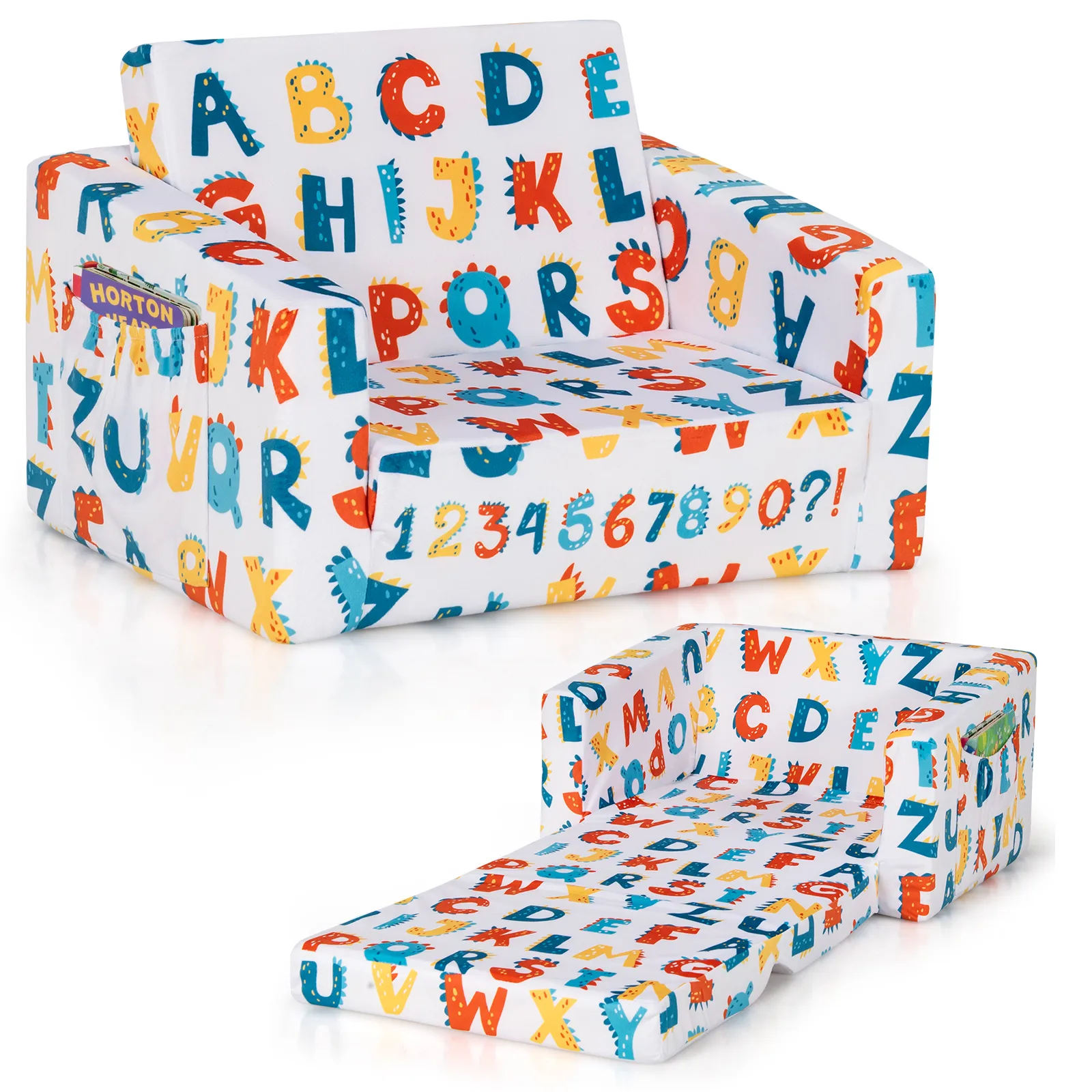 2-in-1 Convertible Kids Sofa with Velvet Fabric - Alphabet