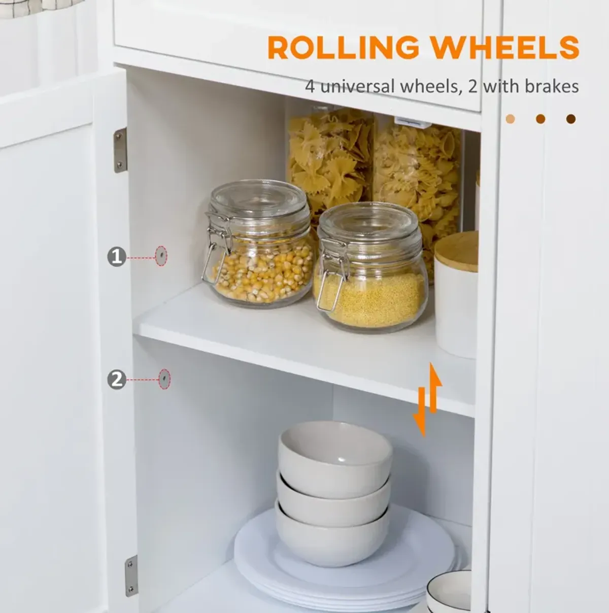 White Kitchen Assistant: Rolling Cart Island with Rubber Wood Top